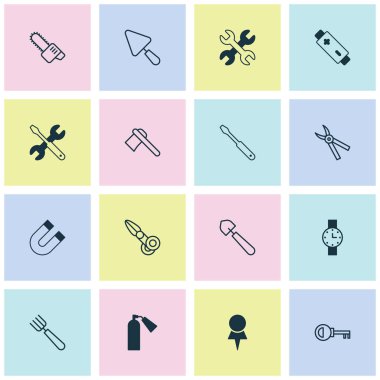 Ekipman Icons Set. Alkali topluluğu, pense, kesme makineleri ve diğer öğeleri. Ayrıca Spanner, vida, saat gibi simgeler içerir.