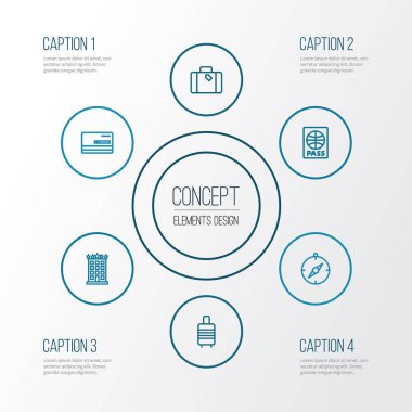 Keşif anahat simgelerini belirlemek. Bina, kredi, bavul ve diğer öğeleri koleksiyonu. Ayrıca Pusula, valiz, kartı gibi simgeler içerir.