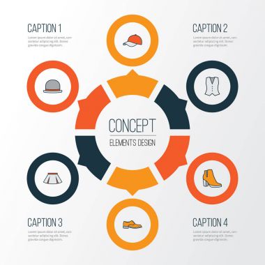 Renkli Anahat Icons Set elbise. Panama, Cap, etek ve diğer öğeleri koleksiyonu. Ayrıca kız, giyim, yelek gibi simgeler içerir.