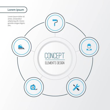 Mimari renkli simgeler kümesi. Tornavida, işçi, ölçü aracı ve diğer öğeleri koleksiyonu. Ayrıca bant, araçlar, İngiliz anahtarı gibi simgeler içerir.