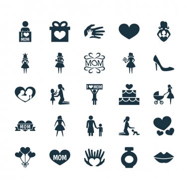 Anneler günü simgesi tasarım konsepti. 25 / gibi öğeleri yardım, koku ve sevgi dolu ayarlayın. Dudaklar, Stiletto ve kadın için güzel sembolleri.