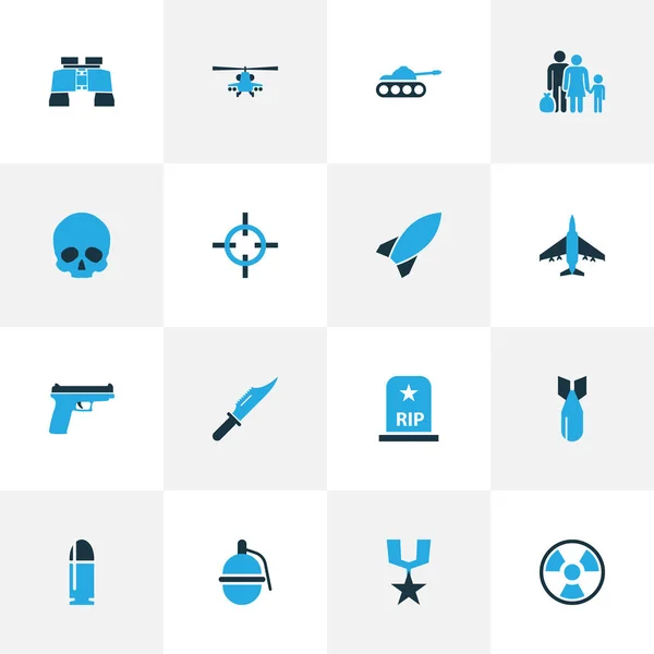 Conjunto de ícones coloridos de combate. Coleção de tanques, refugiados, lutadores e outros elementos. Também inclui símbolos como aeronaves, atirador, rifle . —  Vetores de Stock