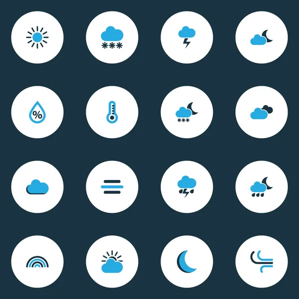 Wetter bunte Symbole gesetzt. Brise, Nieselregen, Mondschein und andere Elemente. enthält auch Symbole wie Sommer, Schneesturm, Gewitter. — Stockvektor