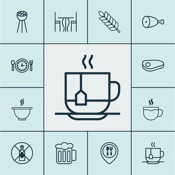 Набір іконок у ресторані. Колекція гриль, стейк, чашею та інші елементи. Також включає в себе символи такі як вечерю, курка, чаша. — стоковий вектор
