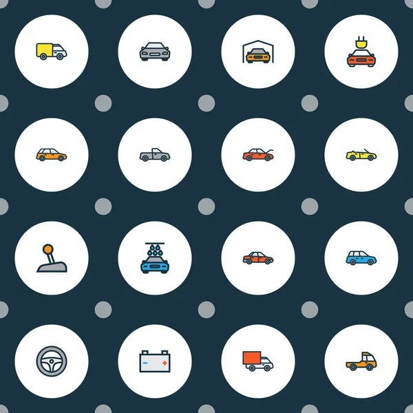 Автомобільний набір барвистих контурів піктограм. Колекція автомобілів, вантажівок та інших елементів. Також включає в себе такі символи, як капот, вантажівка, рушій . — стоковий вектор