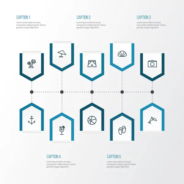 여름 윤곽 아이콘을 설정합니다. 팜, 우산, 뼈대 및 기타 요소의 컬렉션입니다. 또한 바다, 칵테일, 신발 등의 기호를 포함. — 스톡 벡터