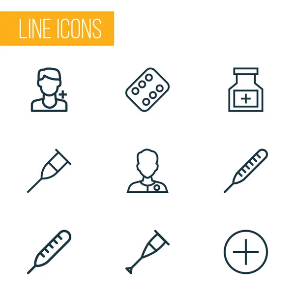 Drug overzicht Icons Set. Collectie van antibioticum, Mark, Thermometer en andere elementen. Ook symbolen zoals kruk, pil, temperatuur. — Stockvector