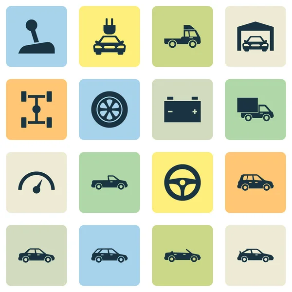 Auto Icons Set. Collectie Hatchback, Van, wielbasis en andere elementen. Ook symbolen zoals Plug, repareren, stuurinrichting. — Stockvector