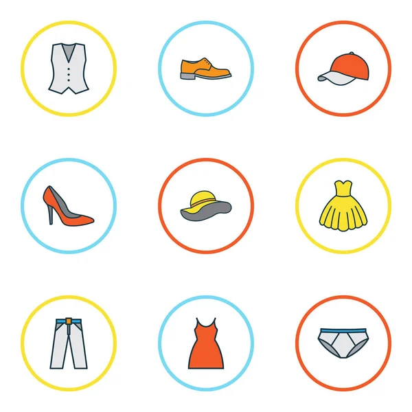 Šaty barevné obrysy ikony nastavit. Kolekce elegantní pokrývky hlavy, obuv muž, Kalhotky a jiné prvky. Zahrnuje také symboly jako jsou kalhoty, spodky, šaty. — Stockový vektor