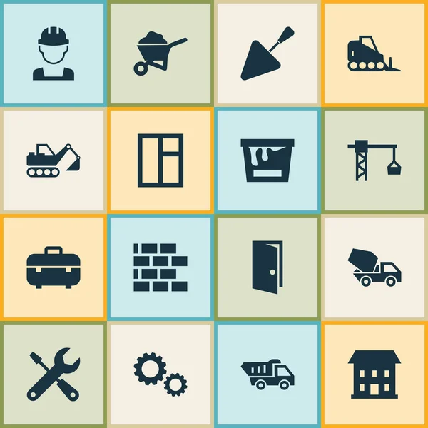 Building Icons Set. Collection Of Wall, Glass Frame, Cogwheel And Other Elements. Also Includes Symbols Such As Engineer, Wheelbarrow, Home. — Stock Vector