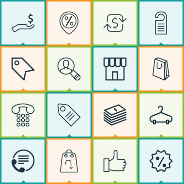 E-ticaret Icons Set. Seyirci, fiyat damga, önerilen ve diğer öğeleri koleksiyonu. Ayrıca etiket, telefon, telefon gibi simgeler içerir.