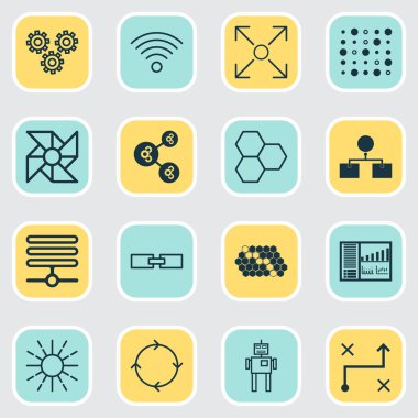 Robotik Icons Set. Bilgi Bankası, mekanizma parçaları, bilgi bileşenler ve başka öğeler topluluğu. Ayrıca bilgisayar, döngüsü, desen gibi simgeler içerir.