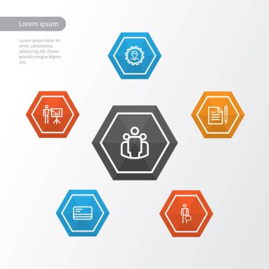 İş anahat simgelerini belirlemek. Banka kartı, iş sunumu, işadamı ve diğer öğeleri koleksiyonu. Ayrıca tanıtım, birlik, ödeme gibi simgeler içerir.