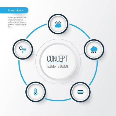 Hava renkli simgeler kümesi. Rüzgar, yağış, Rüzgar ve diğer öğeleri koleksiyonu. Ayrıca güneş, Bora Breeze gibi simgeler içerir.