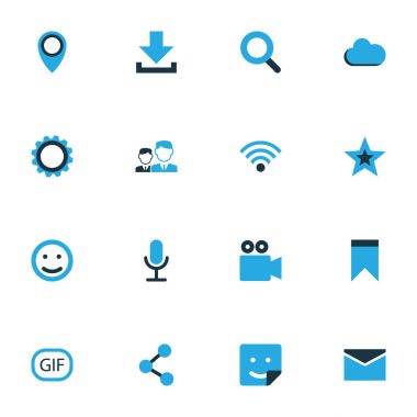 Medya renkli simgeler kümesi. Yer işareti, konumu, paylaşım ve diğer öğeleri koleksiyonu. Ayrıca, yer imi, nokta, PIN gibi simgeler içerir.