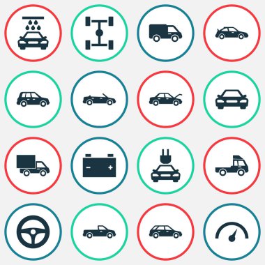 Otomobil Icons Set. Kamyon, sürücü kumanda, Hatchback ve diğer öğeleri koleksiyonu. Ayrıca, tekerlekli, hız sabitleme gibi sembolleri içerir.