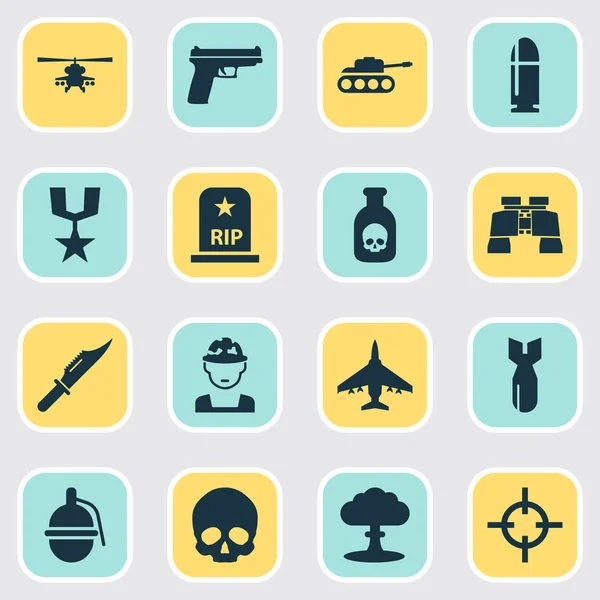 Armén ikoner Set. Samling av Slug, flygplan, ordning och andra element. Innehåller också symboler såsom glas, kärnkraft, mekanism. — Stock vektor