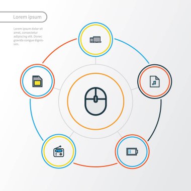 Müzik renkli anahat simgelerini belirlemek. Bellek, ücret, aygıtları ve diğer öğeleri koleksiyonu. Ayrıca hafıza, kart, Fm gibi simgeler içerir.