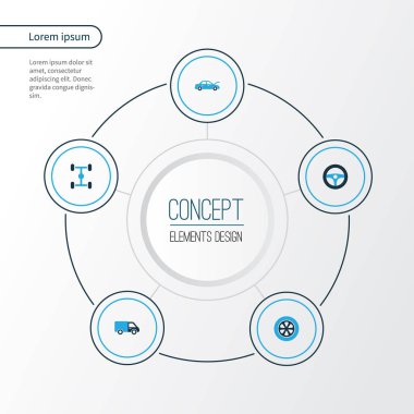 Otomobil renkli simgeler kümesi. Kravat, kamyon, şasi ve diğer öğeleri koleksiyonu. Araba, denetim, direksiyon gibi semboller de içerir.