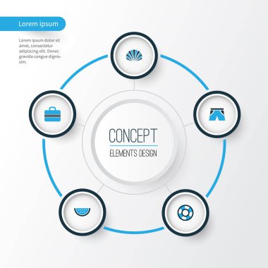 Yaz renkli simgeler ayarlayın. Şort, kabuk, karpuz ve diğer öğeleri koleksiyonu. Ayrıca kabuk, narenciye, tekne gibi simgeler içerir.