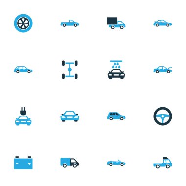 Araba renkli simgeler kümesi. Araba, pil, otomatik Hood ve diğer öğeleri koleksiyonu. Ayrıca tekerlekli, otomobil, araba gibi simgeler içerir.