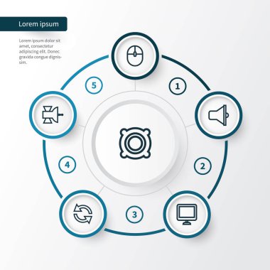 Müzik anahat simgelerini belirlemek. Bullhorn, kontrol cihazı, ekran ve diğer öğeleri koleksiyonu. Ayrıca, hoparlör, bilgisayar, iletişim gibi simgeler içerir.