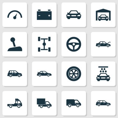 Otomatik Icons Set. Tamir, Crossover, Van ve diğer öğeleri koleksiyonu. Ayrıca kolu, vites, otomatik gibi simgeler içerir.