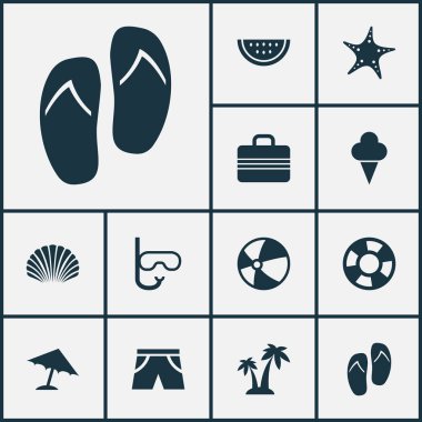 Sezon Icons Set. Ağaçlar, Bagaj, cankurtaran ve diğer öğeleri koleksiyonu. Ayrıca deniz kabuğu, daire, tekne gibi simgeler içerir.