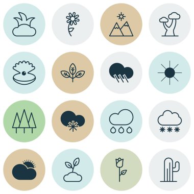 Ekoloji Icons Set. Bush, bitki, yağmur damlası ve diğer öğeleri koleksiyonu. Ayrıca bulut, Daisy, çiçek gibi simgeler içerir.