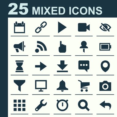 Icons Set Arabirimi. Video kamera, harita PIN, fotoğraf ve diğer öğeleri koleksiyonu. Ayrıca köprü, motoru, monitör gibi simgeler içerir.
