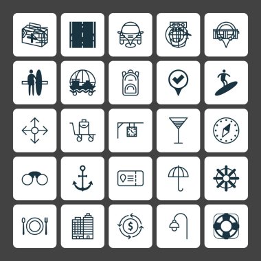 Icons Set seyahat. Marker, gemi kanca, deniz kurtarma ve diğer öğeleri koleksiyonu. Öncelikle, Bina, kurtarma gibi semboller de içerir.