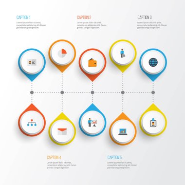 İş düz simgeler kümesi. Zarf, pasta Bar, kimlik ve diğer öğeleri koleksiyonu. Ayrıca pasta, yapı, sunum gibi simgeler içerir.