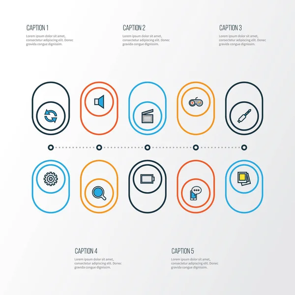 Multimedia Colorful Outline Icons Set. Collection Of Empty Accumulator, Mobile Content, Magnifier And Other Elements. Also Includes Symbols Such As Mute, Cable, Refresh. — Stock Vector