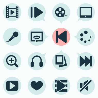 Müzik simgeler kümesi. İleri, sinyal, albüm ve diğer öğeleri koleksiyonu. Ayrıca Karaoke, çerçeve, albüm gibi simgeler içerir.