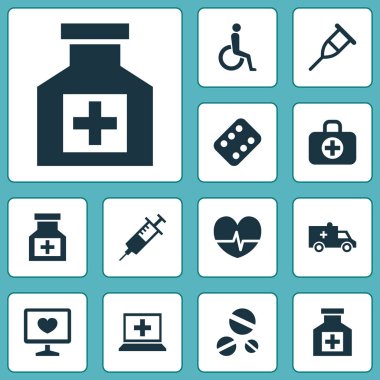 Tıp Icons Set. Stand, ilaç, veritabanı öğeleri koleksiyonu. Ayrıca hemşire, kalp atışı, tedavi gibi simgeler içerir.