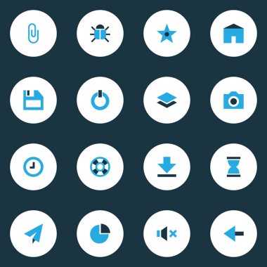 Kullanıcı renkli simgeler kümesi. İndirme, Star, Lifebuoy ve diğer öğeleri koleksiyonu. Ayrıca aşağı, geri, geriye doğru gibi semboller içerir.