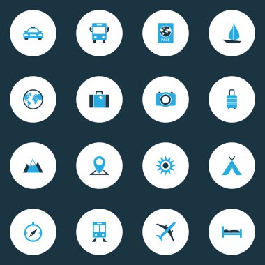 Renkli simgeler kümesi seyahat. Uçak, yelken, toprak ve diğer öğeleri koleksiyonu. Ayrıca dünya, cihaz, demiryolu gibi simgeler içerir.