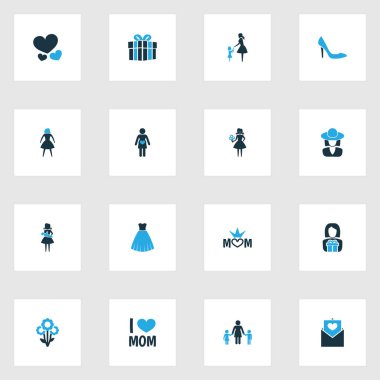Anneler günü renkli simge tasarım konsepti. 16 tane gibi öğeleri aile, parsel ve elbise ayarlayın. Güzel simgeler Stiletto, şapkalar ve ayakkabı için.