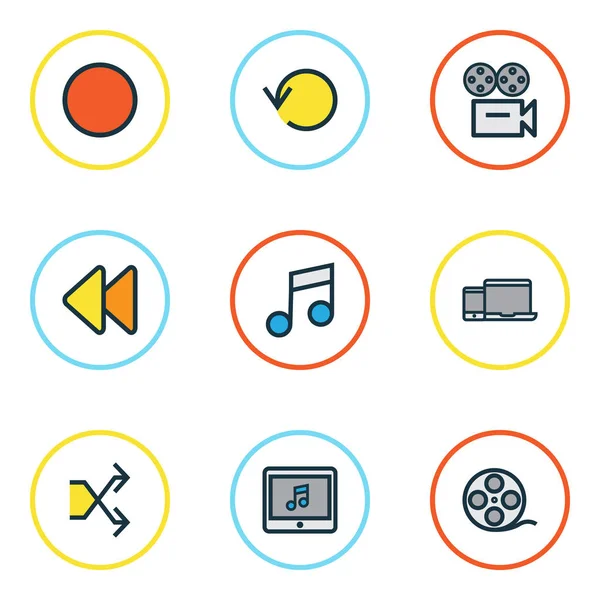 Multimedya renkli anahat simgelerini belirlemek. Film şeridi, cihazlar, geriye dönük ve diğer öğeleri koleksiyonu. Mix, telefon, rastgele gibi semboller de içerir.