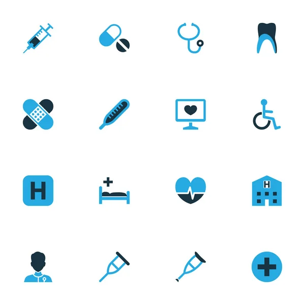 Antibiotica kleurrijke Icons Set. Collectie van tabletten, teken, kruk en andere elementen. Ook symbolen zoals Patch, arts, farmaceutische. — Stockvector