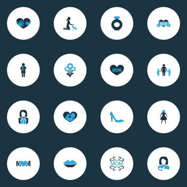 Anneler günü renkli simge tasarım konsepti. 16 tane gibi öğeleri parsel, Aile ve dudakları ayarlayın. Tasarım, metin ve çiçek güzel sembolleri.