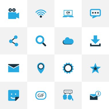 Internet renkli simgeler kümesi. Etiket, paylaşım, favori ve diğer öğeleri koleksiyonu. Ayrıca kablosuz, ayar, ağ gibi simgeler içerir.