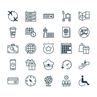 Icons Set seyahat. Paket servisi olan restoran kahve, dünya Küre, Bagaj araştırma ve diğer öğeleri koleksiyonu. Ayrıca dünya, zaman, gidiş gibi simgeler içerir.