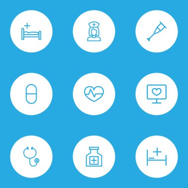 Antibiyotik anahat simgelerini belirlemek. Duymak, nabız, hap ve diğer öğeleri koleksiyonu. Ayrıca stetoskop, yatak, aracı gibi simgeler içerir.