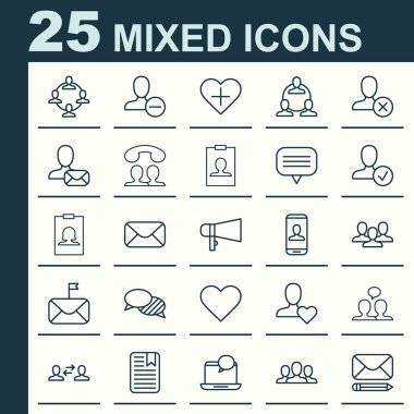 Sosyal simgeler kümesi. Posta, Not sayfası, rozet ve diğer öğeleri koleksiyonu. Ayrıca posta, arama, yazma gibi simgeler içerir.