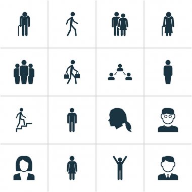 İnsan Icons Set. Erkek, merdiven, bilim adamı ve diğer öğeleri koleksiyonu. Ayrıca erkek, büyükbaba, tırmanma gibi sembolleri içerir.
