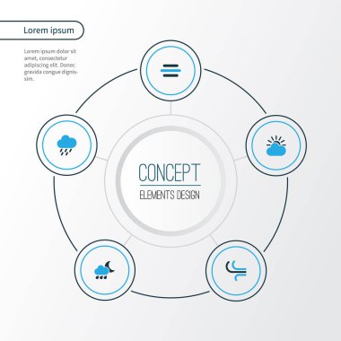 Hava renkli simgeler kümesi. Yağmur fırtınası, Rüzgar, çiseleyen yağmur ve diğer öğeleri koleksiyonu. Ayrıca tahmin, çiseleyen yağmur, bulutlu gibi simgeler içerir.