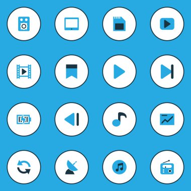 Medya renkli simgeler kümesi. Bayrak, Quaver, başlangıç ve diğer öğeleri koleksiyonu. Ayrıca kart, pil, iletişim gibi simgeler içerir.