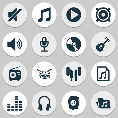 Multimedya simgeler kümesi. Radyo, müzik, sessizlik ve diğer öğeleri koleksiyonu. Ayrıca klasör, megafon, düğme gibi simgeler içerir.