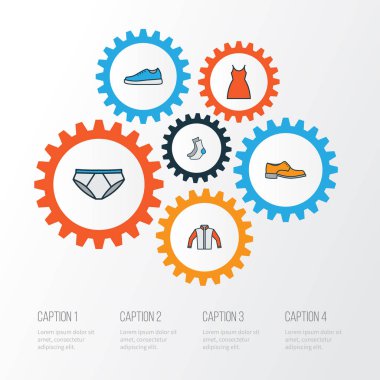 Renkli Anahat Icons Set elbise. Külot, çorap, ceket ve diğer öğeleri koleksiyonu. Aynı zamanda Sox, Ayakkabı, bot gibi simgeler içerir.